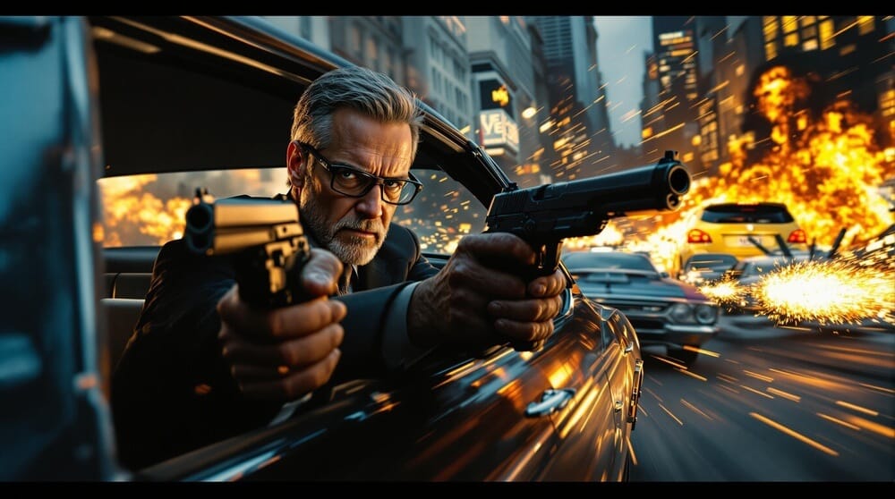 La imagen muestra a Carlos Tavares, el CEO de Stellantis, en una escena de acción al estilo de "John Wick". Tavares está inclinado fuera de la ventana de un coche, sosteniendo y disparando dos pistolas. El fondo muestra una ciudad con múltiples explosiones y coches en movimiento, sugiriendo una persecución a alta velocidad o una secuencia de acción intensa. La imagen es dinámica y dramática, con chispas y fuego que añaden al efecto visual. Esta representación es interesante y relevante ya que combina la figura de un líder empresarial con un escenario de acción cinematográfica, destacando su enfoque agresivo en la reducción de costes.