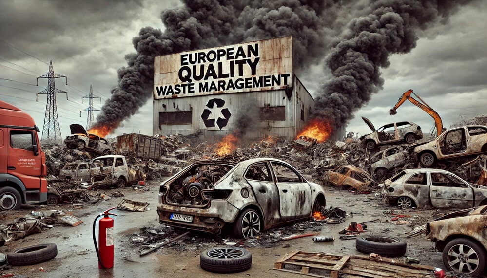 Un descampado caótico lleno de coches quemados y calcinados, con columnas de humo negro elevándose al cielo gris y nublado. En el fondo, un cartel oxidado y sarcástico que dice 'Gestión de residuos de calidad europea'. En primer plano, destaca un coche eléctrico con la batería explotada y un extintor tirado en el suelo. La escena refleja el desastre tras los incendios recientes en Catarroja, provocados por la incompetencia del gobierno al gestionar las campas de coches afectadas por la DANA.