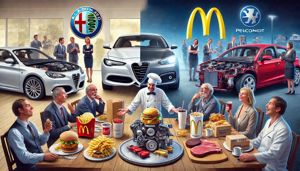 La imagen es una comparación satírica entre la calidad de los coches y la comida rápida. A la izquierda, hay un coche Alfa Romeo blanco con el capó abierto, rodeado de personas con trajes de negocios, y el logotipo de Alfa Romeo se muestra arriba. A la derecha, hay un coche rojo con el capó abierto, también rodeado de personas con trajes de negocios, y el logotipo de McDonald's se muestra arriba. En primer plano, hay una mesa con varios artículos de comida rápida de McDonald's, incluyendo hamburguesas, papas fritas y bebidas, así como piezas de coche como un motor y carne cruda. Las personas en la mesa están vestidas con trajes de negocios y están comiendo la comida rápida. La imagen sugiere humorísticamente una comparación entre la calidad de los coches Alfa Romeo y la comida de McDonald's.
