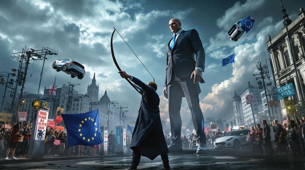 La imagen muestra una escena dramática y surrealista en un entorno urbano. Una figura imponente con traje se encuentra en el centro, mientras que una figura más pequeña con un arco y flecha apunta hacia la figura más grande. La escena es caótica, con coches flotando en el aire y numerosas pancartas de protesta sostenidas por una multitud. La bandera de la Unión Europea se muestra prominentemente en primer plano, y otra bandera de la UE está adherida a uno de los coches flotantes. El fondo presenta un paisaje urbano con edificios altos y un cielo nublado.

Esta imagen es interesante y relevante porque combina elementos de protesta y surrealismo, creando una narrativa visual impactante.