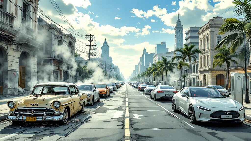 Ilustración que contrasta la realidad de un parque móvil europeo envejecido y contaminante, con coches remendados al estilo de Cuba, contra el sueño futurista de gobiernos desconectados: ciudades llenas de coches eléctricos relucientes y estaciones de carga ultramodernas. La imagen critica cómo las políticas restrictivas y la falta de alternativas viables están condenando a la clase media a mantener vehículos obsoletos, mientras los políticos ignoran la necesidad de opciones asequibles y una infraestructura de carga funcional.