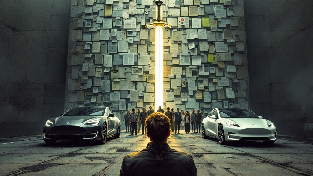 Representación metafórica de la tensión entre la transición hacia los vehículos eléctricos y la realidad de los coches térmicos. A la izquierda, un Tesla futurista simboliza el avance de los coches eléctricos, mientras que a la derecha, una pared de documentos y leyes representa las medidas gubernamentales. En el centro, un grupo de personas con coches térmicos muestra la preocupación y división social por el acceso a soluciones sostenibles, en un paisaje industrial sombrío.
