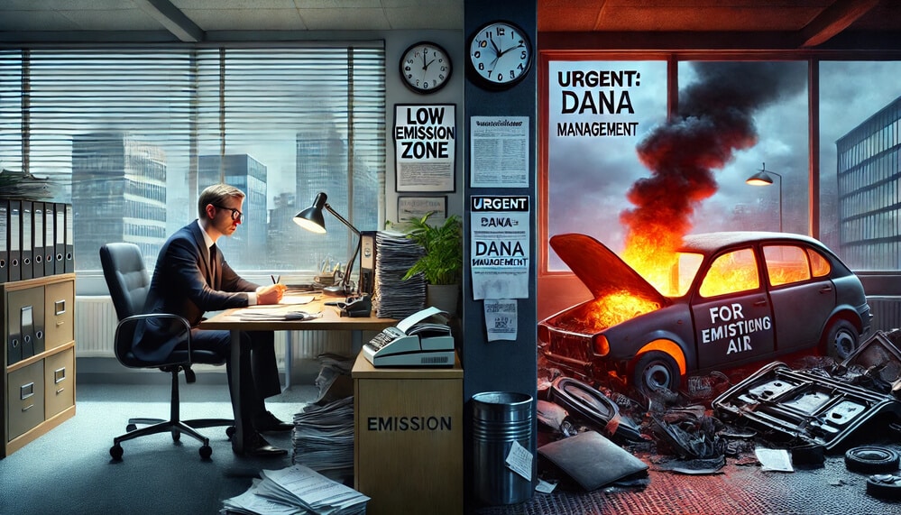 La imagen está dividida en dos escenas contrastantes. En el lado izquierdo, hay un entorno de oficina con una persona sentada en un escritorio, trabajando bajo una lámpara. La oficina está organizada con archivos, carpetas y un ordenador. Hay un cartel en la pared que dice 'LOW EMISSION ZONE'. En el lado derecho, hay una escena caótica con un coche en llamas, emitiendo un denso humo negro. El coche tiene las palabras 'FOR EMISTING AIR' escritas en él. El fondo muestra un entorno urbano con edificios visibles a través de las ventanas. También hay varios carteles que dicen 'URGENT: DANA MANAGEMENT'