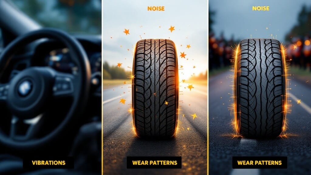La imagen está dividida en tres secciones. La sección izquierda muestra un primer plano de un volante de coche con la palabra 'VIBRACIONES' escrita debajo. La sección central presenta un neumático con chispas y estrellas alrededor, con las palabras 'RUIDO' y 'PATRONES DE DESGASTE' escritas arriba y abajo del neumático, respectivamente. La sección derecha también muestra un neumático con chispas alrededor, con las palabras 'RUIDO' y 'PATRONES DE DESGASTE' escritas arriba y abajo del neumático, respectivamente. Esta imagen es interesante y relevante ya que destaca los problemas de vibraciones, ruido y patrones de desgaste en los neumáticos de los coches, que son factores importantes en el mantenimiento y la seguridad del vehículo.