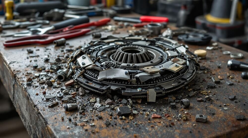 La imagen muestra un banco de trabajo desordenado con varias herramientas y piezas mecánicas esparcidas alrededor. El enfoque central está en un plato de embrague desarmado, rodeado de escombros y componentes pequeños. El banco de trabajo está cubierto de polvo, virutas de metal y otros restos de trabajo mecánico. Esta imagen es interesante y relevante ya que representa una escena típica en un taller mecánico, destacando la complejidad y la naturaleza detallada de las reparaciones y el mantenimiento mecánico.