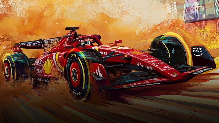 La imagen muestra una ilustración dinámica y vibrante de un coche de carreras de Fórmula 1 en movimiento. El coche es predominantemente rojo y presenta varios logotipos de patrocinadores, incluyendo Shell, AWS y Santander. El fondo es una mezcla de colores cálidos, sugiriendo velocidad e intensidad, con un paisaje urbano visible en la distancia. Las llantas del coche están levantando polvo, añadiendo a la sensación de movimiento y emoción. La firma del artista, "DELLADIO," es visible en la esquina inferior derecha. Esta imagen es interesante y relevante ya que captura la emoción y la energía de las carreras de Fórmula 1, mostrando el diseño del coche y la acción de alta velocidad del deporte.