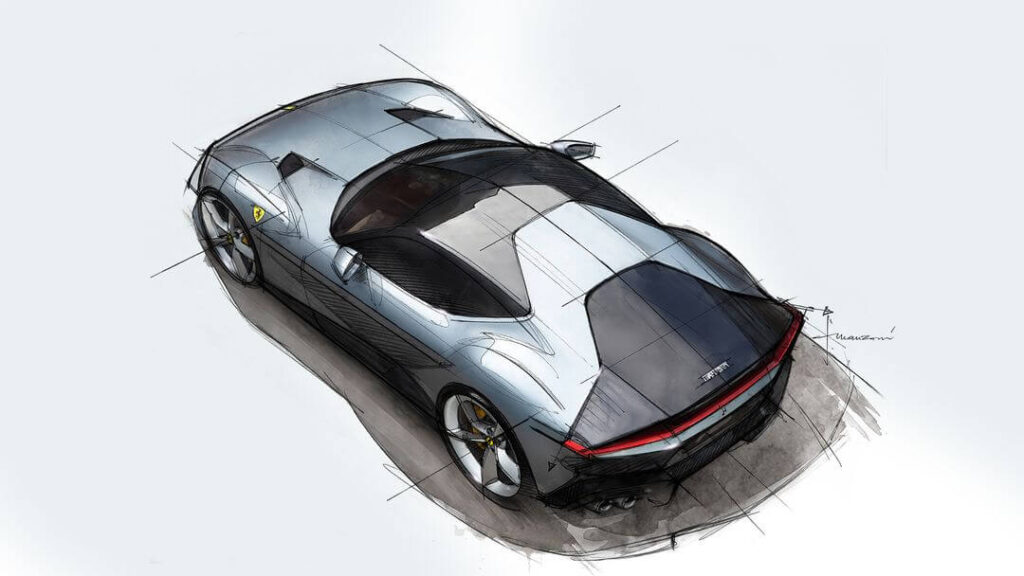 "La imagen muestra un boceto detallado de un Ferrari 12 Cilindri visto desde un ángulo trasero elevado. El coche tiene un diseño aerodinámico con curvas suaves y líneas afiladas, presentando un esquema de colores metálico plateado y negro. El boceto incluye líneas precisas y sombreado para resaltar la forma aerodinámica y los elementos de diseño del coche. El coche tiene un alerón trasero prominente, grandes ruedas con pinzas de freno amarillas y una distintiva barra de luz trasera. El logotipo de Ferrari es visible en el lateral del coche, indicando que este es un boceto de concepto o diseño para un modelo de Ferrari. Esta imagen es interesante y relevante ya que muestra el intrincado proceso de diseño y las habilidades artísticas involucradas en la creación de coches deportivos de alto rendimiento.