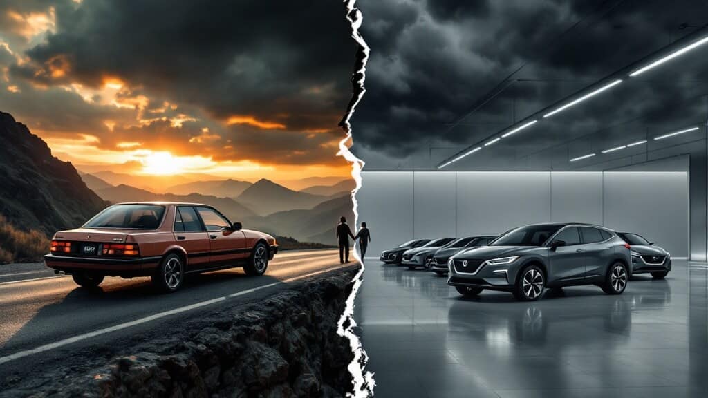 "Un coche antiguo circula por una carretera montañosa y escénica durante un atardecer dramático, con una pareja tomados de la mano en el fondo. A la derecha, un coche moderno y elegante en un showroom futurista y bien iluminado. La imagen critica la imposición del 'progreso' a toda costa, sugiriendo que el avance tecnológico puede destruir la nostalgia y la simplicidad del pasado. El mensaje es una denuncia feroz contra la obsesión por la modernidad, representada como una fuerza destructiva que arrasa con todo lo que es auténtico y valioso.