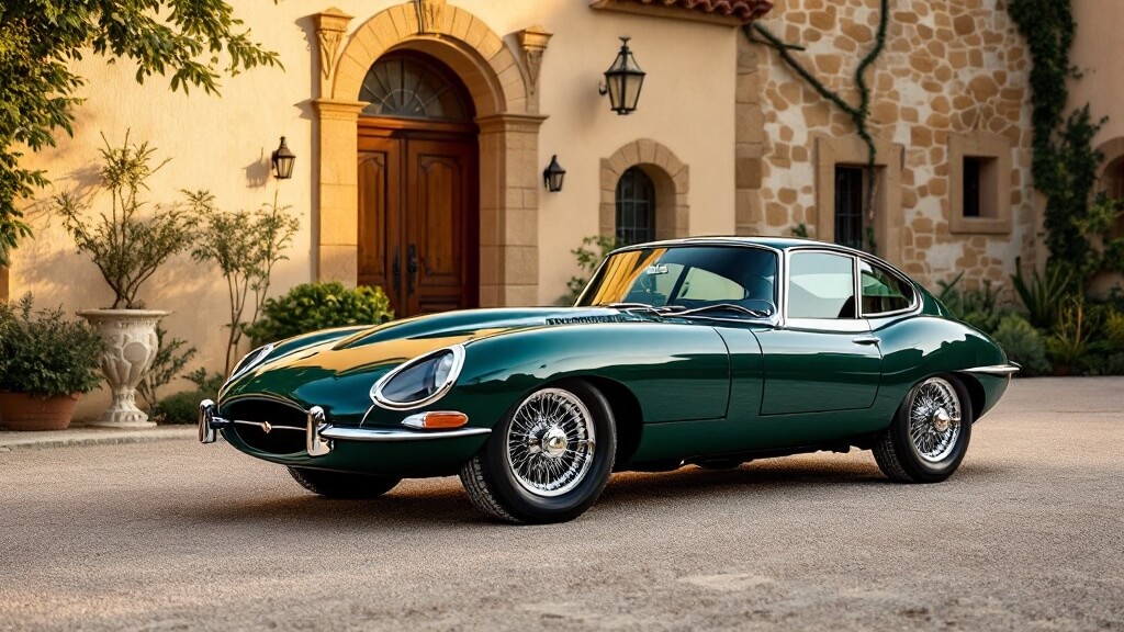 Imagen de un Jaguar E-Type clásico verde estacionado frente a una casa de estilo mediterráneo. El coche tiene un diseño aerodinámico y elegante, con detalles cromados y ruedas de radios, características típicas de los automóviles vintage. La casa en el fondo tiene paredes de piedra, puertas de madera arqueadas y plantas decorativas, lo que añade un ambiente elegante y atemporal a la escena.