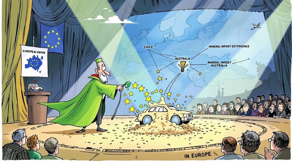 La imagen muestra a una figura con aspecto de mago, vestida con una túnica y sombrero verde, de pie en un escenario iluminado por un foco. El mago sostiene una varita y parece estar realizando un truco, haciendo aparecer estrellas alrededor de un coche. El fondo muestra un mapa de Europa con líneas que conectan a Australia y Chile, etiquetadas como "Importación de Minerales de Australia" y "Deficiencia de Importación de Minerales". La audiencia observa la actuación, y hay una pancarta en el lado izquierdo del escenario con la bandera de la Unión Europea y el texto "Unión Europea". La imagen parece ilustrar la dependencia de la Unión Europea de las importaciones de minerales de Australia y Chile, posiblemente destacando problemas relacionados con las cadenas de suministro o la dependencia de recursos.