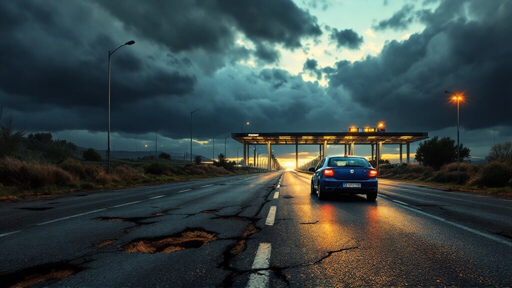 Un coche azul circula por una carretera con baches y grietas bajo un cielo nublado y oscuro. Al fondo, se ve una cabina de peaje iluminada. La imagen critica la exigencia de la UE y Bruselas de cobrar peajes a los españoles por usar carreteras que ya pagan, destacando el mal estado de las mismas.