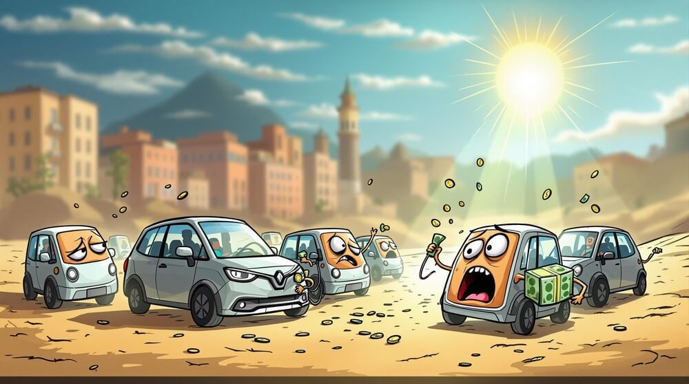 La imagen muestra una escena caótica y humorística con coches antropomorfizados. Un coche, con una expresión maliciosa, sostiene un cuchillo y una bolsa de dinero, aparentemente robando a otro coche. Los coches alrededor tienen diversas expresiones, incluyendo uno que parece triste y otro que parece sorprendido. El fondo muestra un día soleado con un paisaje urbano y montañas a lo lejos. La imagen añade un elemento humorístico y dramático al dar emociones y acciones humanas a los coches.