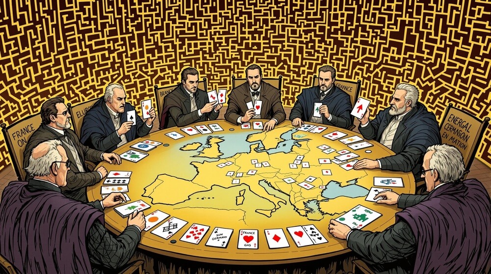 La imagen muestra a un grupo de individuos sentados alrededor de una gran mesa redonda que tiene un mapa de Europa. Cada persona sostiene cartas con varios símbolos, números e imágenes. El fondo presenta un patrón complejo similar a un laberinto. Las sillas tienen etiquetas como "FRANCE," "EUROPE," "ENERGAL CERMSION EN MATION," y "FRANCE GAS." Las cartas en la mesa y en las manos de los individuos incluyen símbolos como flechas, números e imágenes de diferentes objetos.