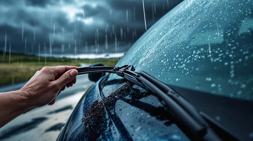 Cómo cambiar las escobillas del limpiaparabrisas: La imagen muestra una mano ajustando un limpiaparabrisas en un coche durante una tormenta. El parabrisas está cubierto de gotas de lluvia, y el fondo presenta un cielo nublado y tormentoso. Esta imagen es interesante y relevante ya que destaca la importancia de mantener los limpiaparabrisas en buen estado para asegurar una visibilidad clara y la seguridad al conducir en condiciones climáticas adversas.