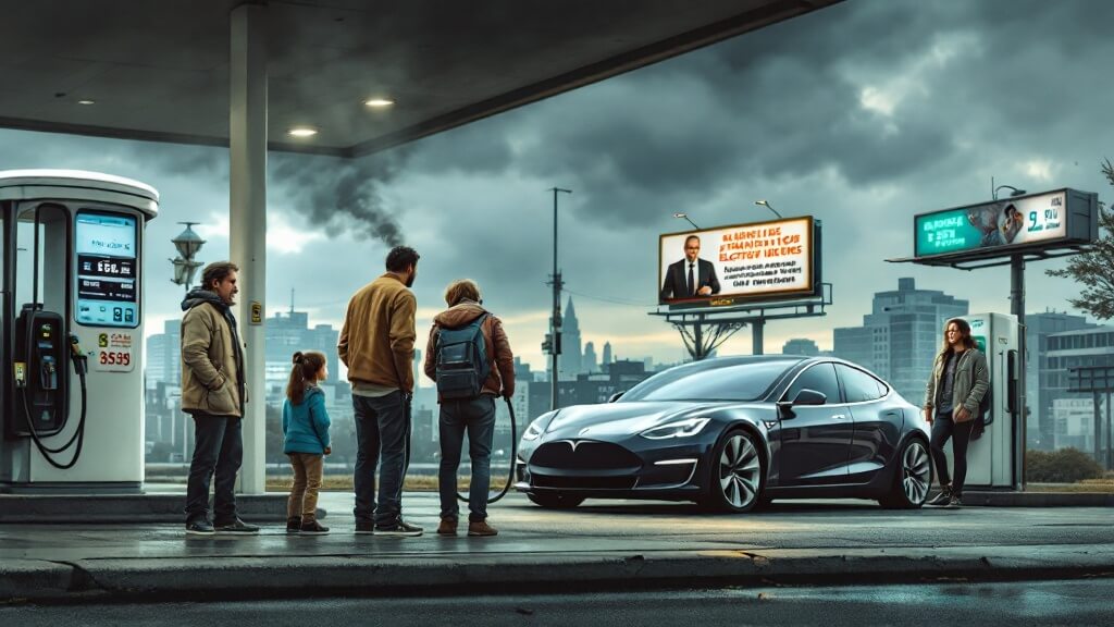 Una familia de clase media repostando su viejo coche de gasolina, visiblemente preocupada por los altos precios en una gasolinera. En el fondo, un hombre relajado carga su lujoso Tesla en una estación de carga, destacando el contraste económico. La escena incluye un cartel que refleja regulaciones gubernamentales que favorecen a los vehículos eléctricos, mientras los coches térmicos enfrentan costos adicionales. Ambiente urbano con cielo nublado.