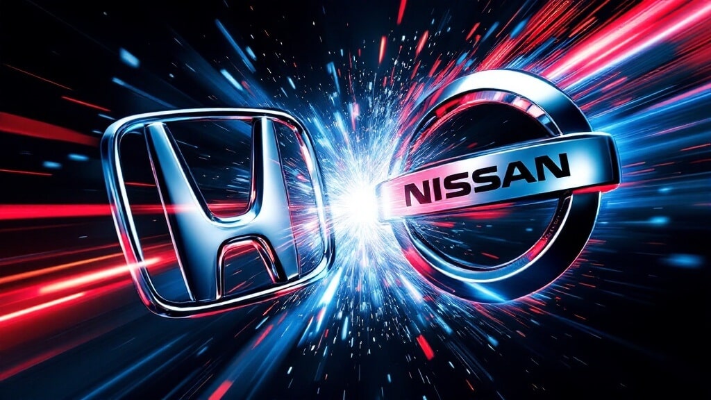 Logos de dos fabricantes de automóviles, Honda y Nissan, colocados uno al lado del otro. El logo de Honda está a la izquierda y el de Nissan a la derecha. El fondo presenta rayos de luz dinámicos y coloridos en rojo y azul, que convergen hacia el centro, creando una sensación de velocidad y energía. La imagen representa visualmente las marcas de dos grandes actores de la industria automotriz, posiblemente indicando una comparación, competencia o colaboración entre las dos compañías.