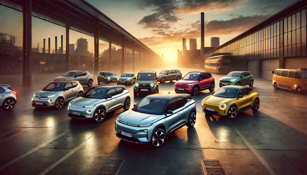 Esta imagen muestra una colección de coches eléctricos baratos de diferentes colores y modelos, alineados en un entorno industrial al atardecer. Los coches están dispuestos en varias filas, destacando sus diseños modernos y futuristas. Al fondo, se pueden ver edificios industriales y chimeneas, lo que contrasta con la tecnología avanzada de los vehículos en primer plano. La luz del atardecer crea un ambiente cálido y resalta los detalles de los coches, haciendo que la escena sea visualmente atractiva y relevante para mostrar el futuro de la movilidad eléctrica en 2025.