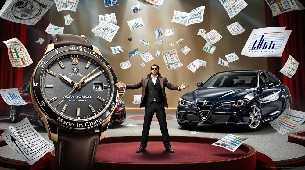 La imagen muestra a una persona de pie en un escenario con dos coches Alfa Romeo en el fondo. En primer plano, hay un reloj grande con el texto "ALFA ROMEO" y "Made in China". Alrededor de la escena, flotan varios gráficos y tablas, sugiriendo un contexto empresarial o financiero. La imagen parece simbolizar la percepción de la disminución de la calidad de los productos de Stellantis debido a las medidas de reducción de costes, como lo indica la etiqueta "Made in China" en el reloj, que puede implicar la externalización o la reducción de los estándares de fabricación. La presencia de los gráficos y tablas podría representar decisiones financieras que impactan la calidad del producto.