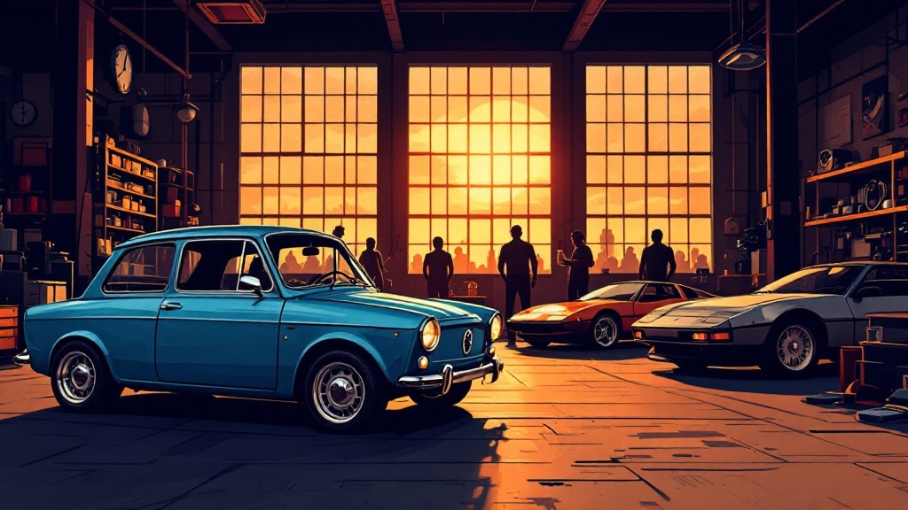 Un garaje con grandes ventanas que dejan entrar la cálida luz del atardecer. En primer plano, hay un coche clásico azul. En el fondo, hay dos coches deportivos, uno rojo y otro blanco. Varias personas están de pie cerca de los coches, silueteadas contra la luz de las ventanas. El garaje está lleno de diversas herramientas y equipos, lo que indica que es un lugar para el mantenimiento o la restauración de coches. La escena es interesante debido al contraste entre los coches clásicos y deportivos, la cálida iluminación y el entorno detallado del garaje.