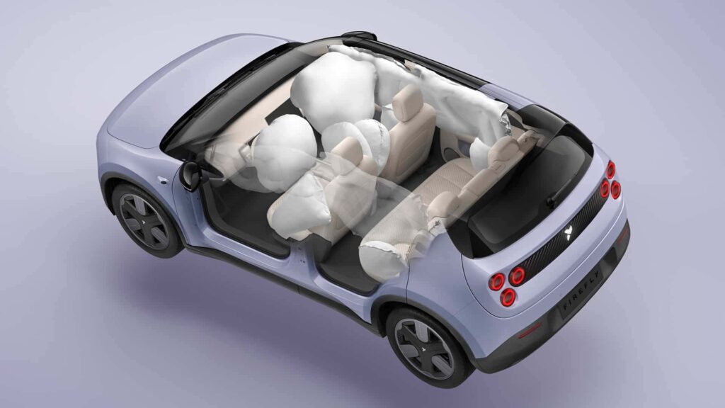Vista superior de un NIO Firefly con todos sus airbags desplegados. El coche parece ser un modelo compacto con un exterior púrpura claro y un interior beige. Los airbags son visibles en las posiciones frontal, lateral y de cortina, indicando un sistema de airbags completo diseñado para proteger a los ocupantes en caso de colisión. Esta imagen es interesante y relevante ya que destaca las características de seguridad del vehículo, mostrando el nivel de protección proporcionado por los airbags.