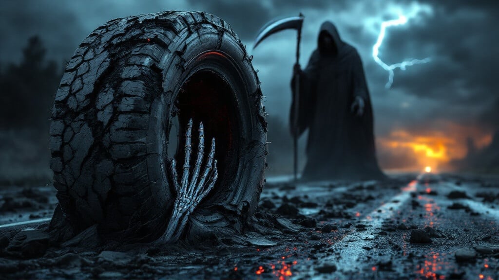 Una imagen oscura y tenebrosa que muestra un neumático de camión destrozado en medio de un paisaje post-apocalíptico. En el fondo se ve una figura de la Parca con una guadaña bajo un cielo tormentoso con relámpagos.