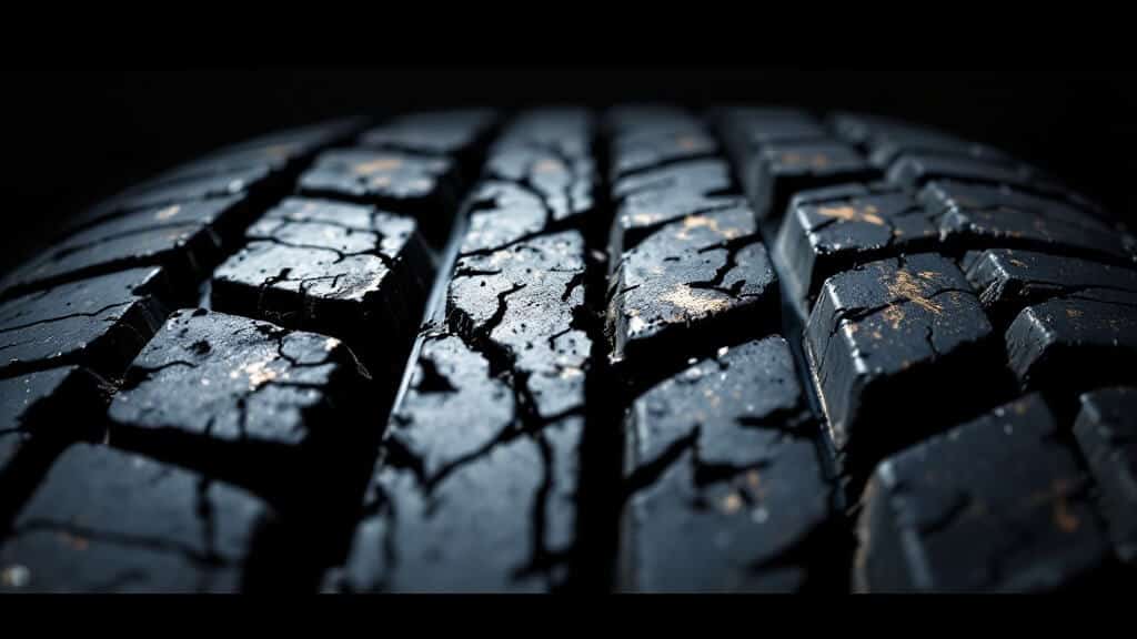 La imagen muestra un neumático desgastado y agrietado, indicando un uso significativo o envejecimiento. Las grietas y los patrones de desgaste son claramente visibles, sugiriendo que el neumático necesita ser reemplazado. Esta imagen destaca la importancia del mantenimiento y la inspección regular de los neumáticos para la seguridad y el rendimiento.