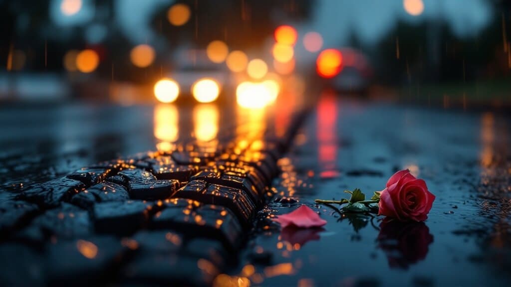 Primer plano de una rosa roja caída sobre un suelo adoquinado mojado, en una noche lluviosa. La escena muestra gotas de lluvia, reflejos de luces de coches en el asfalto y un ambiente oscuro con tonos cálidos procedentes de faros borrosos al fondo.