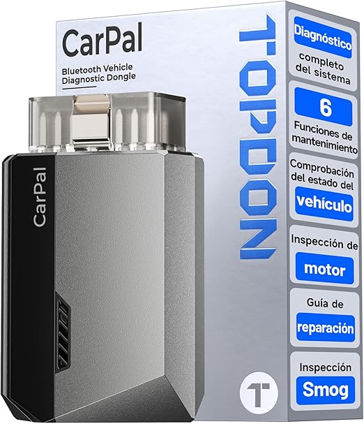 La imagen muestra un producto llamado "CarPal," que es un dongle de diagnóstico de vehículos Bluetooth. El dispositivo está diseñado para diagnosticar varios aspectos del sistema de un vehículo. El empaque destaca varias características en español, incluyendo:

Diagnóstico completo del sistema

6 Funciones de mantenimiento

Comprobación del estado del vehículo

Inspección de motor

Guía de reparación

Inspección de Smog

Este producto es interesante y relevante porque ofrece capacidades de diagnóstico completas para vehículos, lo que puede ser útil para los propietarios de automóviles para mantener y solucionar problemas de sus vehículos de manera eficiente.