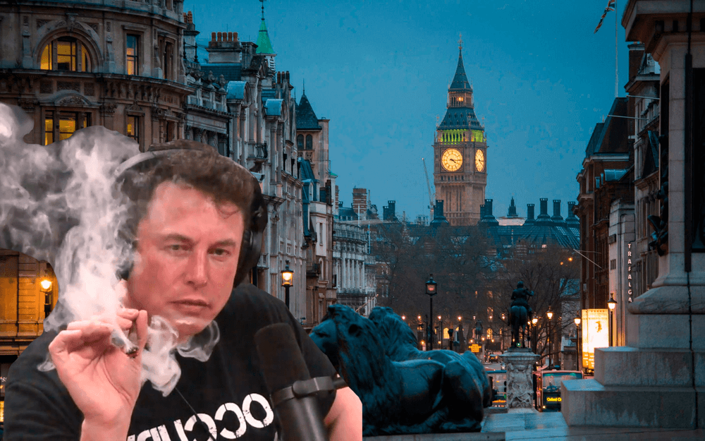 La imagen muestra a Elon Musk fumando un porro durante una entrevista, con humo visible alrededor de su rostro. Al fondo, se puede ver la Torre Elizabeth (comúnmente conocida como Big Ben) en Londres, Inglaterra. La escena está ambientada durante la tarde o noche, con la esfera del reloj iluminada y las luces de la calle. Esta imagen critica el lobby de Tesla con el gobierno británico para aumentar los impuestos a los coches de combustión y bonificar los vehículos eléctricos de Tesla.