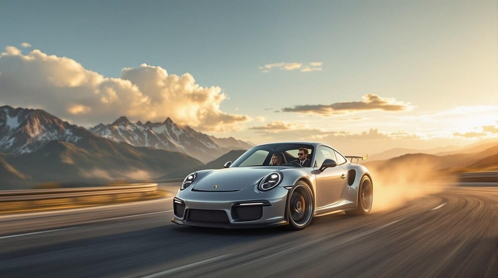La imagen muestra un Porsche 911 plateado conduciendo por una carretera sinuosa con montañas al fondo. El coche está en movimiento, creando una escena dinámica con polvo levantándose del camino. El sol poniente arroja un resplandor cálido sobre el paisaje, destacando el diseño elegante del coche y la belleza escénica del terreno montañoso. Este Porsche 911 está equipado con asientos Recaro, conocidos por su comodidad y soporte en condiciones de conducción de alto rendimiento. Esta imagen es interesante y relevante ya que captura la esencia de la conducción de alto rendimiento en un entorno pintoresco, mostrando tanto las capacidades del coche como el impresionante telón de fondo natural.