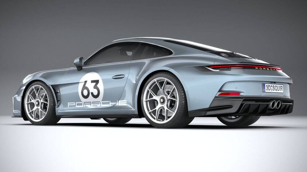 La imagen muestra la vista trasera y lateral de un elegante coche deportivo moderno, específicamente un Porsche 911 ST. El coche es de color azul claro con el número "63" destacado en el lateral dentro de un círculo blanco. La palabra "PORSCHE" está escrita en letras grandes debajo del número. El coche tiene un diseño deportivo con características aerodinámicas, incluyendo un alerón trasero, tubos de escape dobles y llantas de aleación intrincadas. La matrícula dice "3D:SQUIR." Esta imagen es interesante y relevante ya que muestra el diseño y el atractivo estético de un vehículo de alto rendimiento, probablemente destinado a carreras o exhibiciones de diseño automotriz.