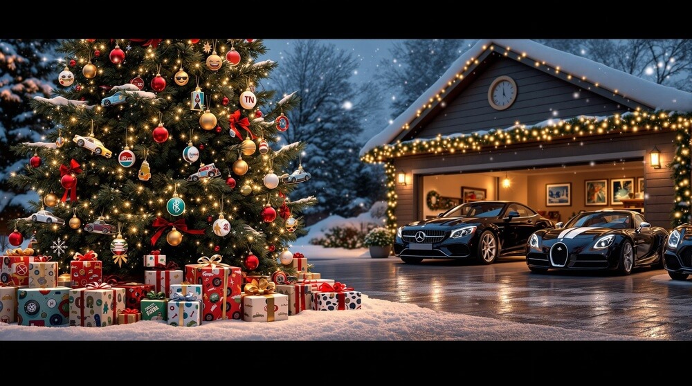 Regalos originales para un amante de los coches: La imagen muestra una escena festiva de Navidad con un árbol de Navidad decorado y numerosos regalos envueltos colocados debajo. El árbol está adornado con varios adornos, incluidos coches en miniatura y decoraciones temáticas automotrices. En el fondo, hay un garaje con dos coches de lujo estacionados frente a él, y el garaje también está decorado con luces navideñas. El entorno es nevado, lo que añade al ambiente festivo. Esta imagen es interesante y relevante ya que sugiere que los regalos bajo el árbol son ideales para los entusiastas de los coches.