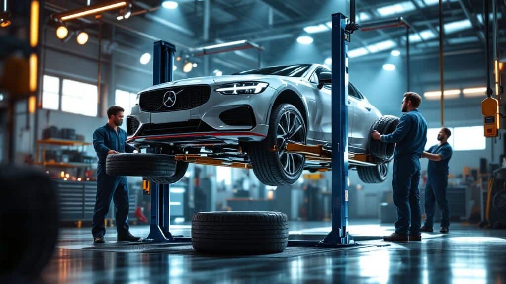 La imagen muestra un taller de reparación de automóviles donde un coche blanco está elevado en un elevador hidráulico. Tres mecánicos están trabajando en el coche, específicamente manejando los neumáticos. Un mecánico sostiene un neumático, otro está colocando un neumático en el coche y un tercer mecánico está de pie cerca. El taller está bien iluminado con varias herramientas y equipos visibles en el fondo. Esta imagen es interesante y relevante ya que representa una situación común de mantenimiento automotriz, destacando la importancia del servicio regular del vehículo y el papel de los mecánicos en garantizar la seguridad y el rendimiento del vehículo.