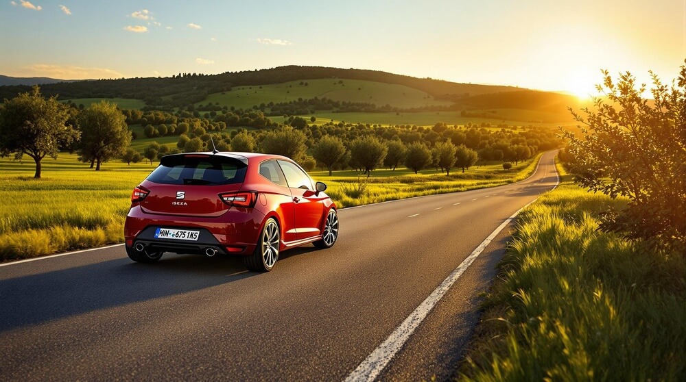 La imagen muestra un coche rojo conduciendo por una carretera sinuosa a través de un paisaje campestre pintoresco durante el atardecer. La carretera está flanqueada por campos verdes y árboles, con colinas onduladas en el fondo. El cielo está despejado con algunas nubes, y el sol está bajo en el horizonte, proyectando una cálida luz dorada sobre la escena. La matrícula del coche dice "MIN-6751KS." Esta imagen es interesante porque captura la serena belleza de un entorno rural y la sensación de libertad y aventura asociada con conducir por estos paisajes.