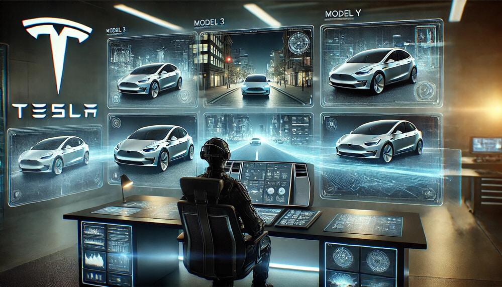 La imagen muestra una sala de control futurista con una persona sentada en un escritorio de alta tecnología, monitoreando múltiples pantallas que muestran coches Tesla. Las pantallas muestran diferentes modelos de Tesla, específicamente Model 3 y Model Y, en varios entornos urbanos y esquemas técnicos. El logotipo de Tesla se muestra de manera prominente en el lado izquierdo de la imagen. La sala de control está llena de tecnología avanzada, incluyendo pantallas holográficas y táctiles, lo que sugiere un alto nivel de sofisticación e innovación. Esta imagen es interesante y relevante ya que destaca el enfoque de Tesla en la tecnología avanzada y el monitoreo de vehículos autónomos.