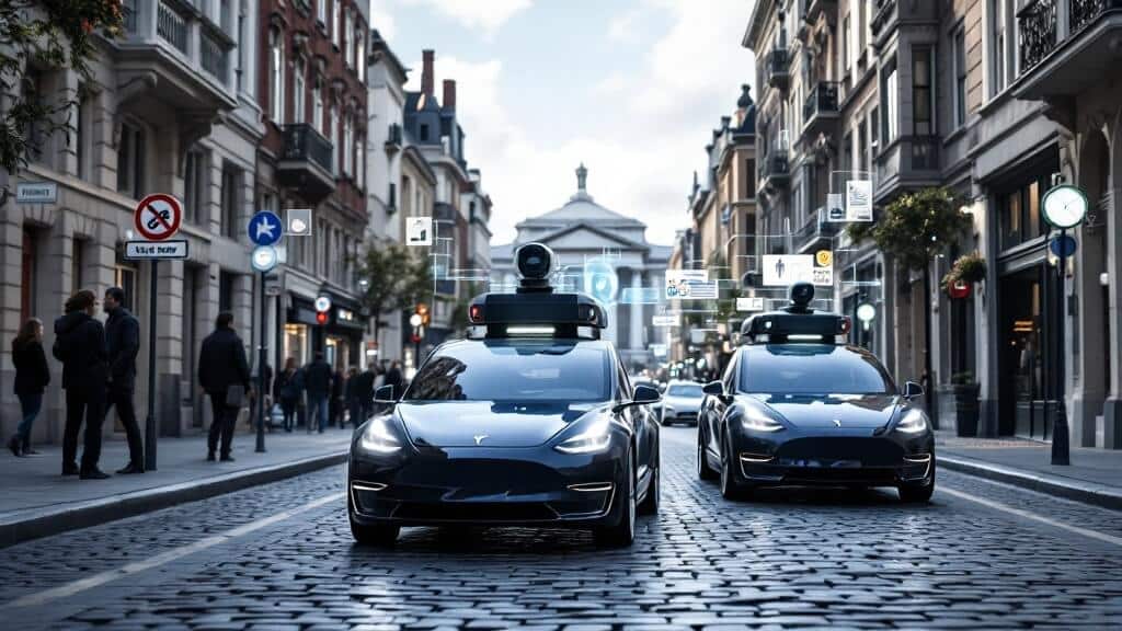 Imagen de dos robotaxis Tesla Model 3 de color oscuro circulando por una calle adoquinada en una ciudad. Ambos vehículos están equipados con avanzados conjuntos de sensores en sus techos, lo que indica que son coches autónomos. La calle está bordeada de edificios y hay peatones caminando por las aceras. Se pueden ver varias señales de tráfico y símbolos, lo que sugiere un entorno urbano europeo.