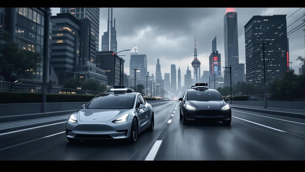 La imagen muestra dos coches Tesla Model 3 circulando por una autopista urbana. Ambos vehículos son de color oscuro y están equipados con avanzados conjuntos de sensores en sus techos, lo que indica que son coches autónomos. El paisaje urbano de fondo incluye rascacielos y edificios altos, con un cielo nublado, dando a la escena un ambiente de alta tecnología y urbano. Esta imagen es interesante y relevante ya que destaca los avances en la tecnología de vehículos autónomos y su integración en entornos urbanos modernos.