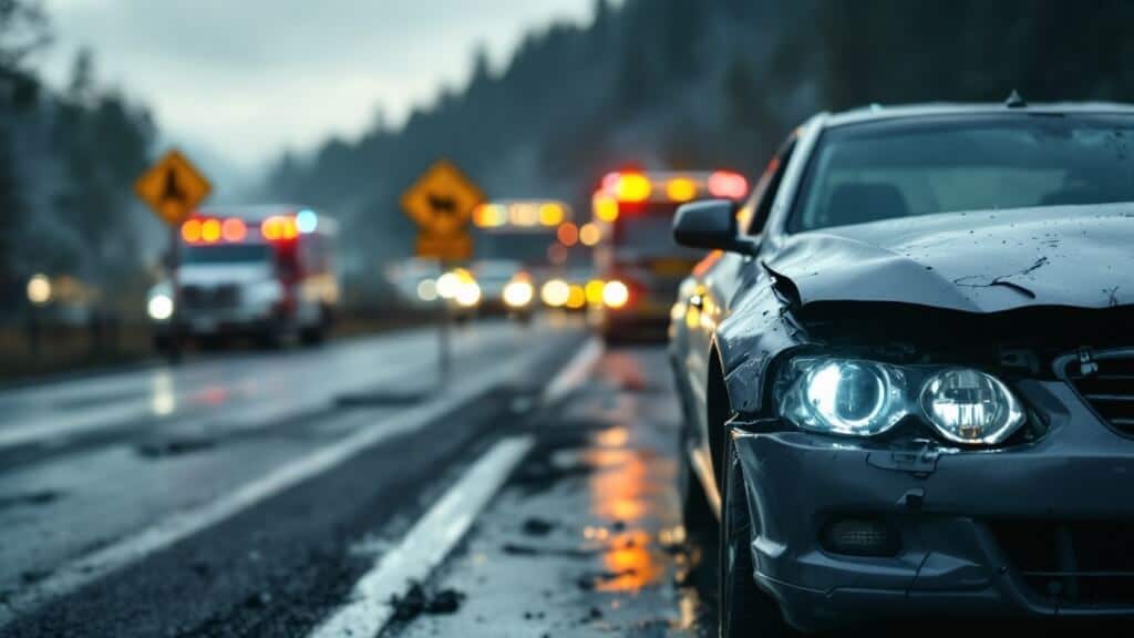 Escena de un accidente en una carretera durante el atardecer o amanecer con clima lluvioso. En primer plano se muestra un automóvil negro con daños visibles en su parte frontal y las luces delanteras encendidas. Al fondo se pueden ver señales de tráfico amarillas de advertencia de animales y luces de emergencia de vehículos de servicios de emergencia. La carretera está mojada y refleja las luces, creando un ambiente sombrío con un bosque oscuro en el fondo.