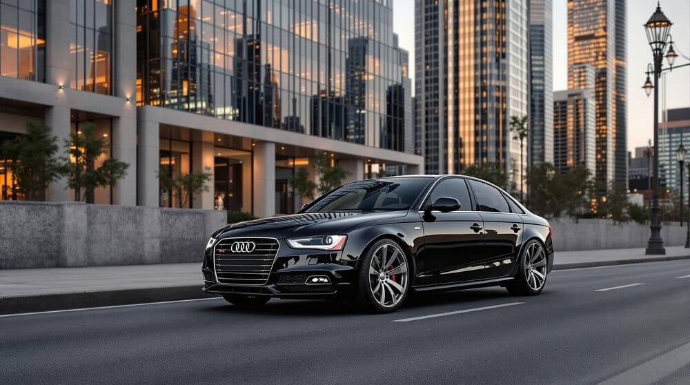 Un elegante Audi A4 sedán negro está estacionado en una calle de la ciudad con modernos edificios de gran altura en el fondo. El coche presenta un exterior brillante, grandes ruedas de aleación y la distintiva parrilla de Audi con el logotipo de los cuatro anillos. El entorno urbano incluye altos edificios de vidrio, farolas y algo de vegetación a lo largo de la acera.