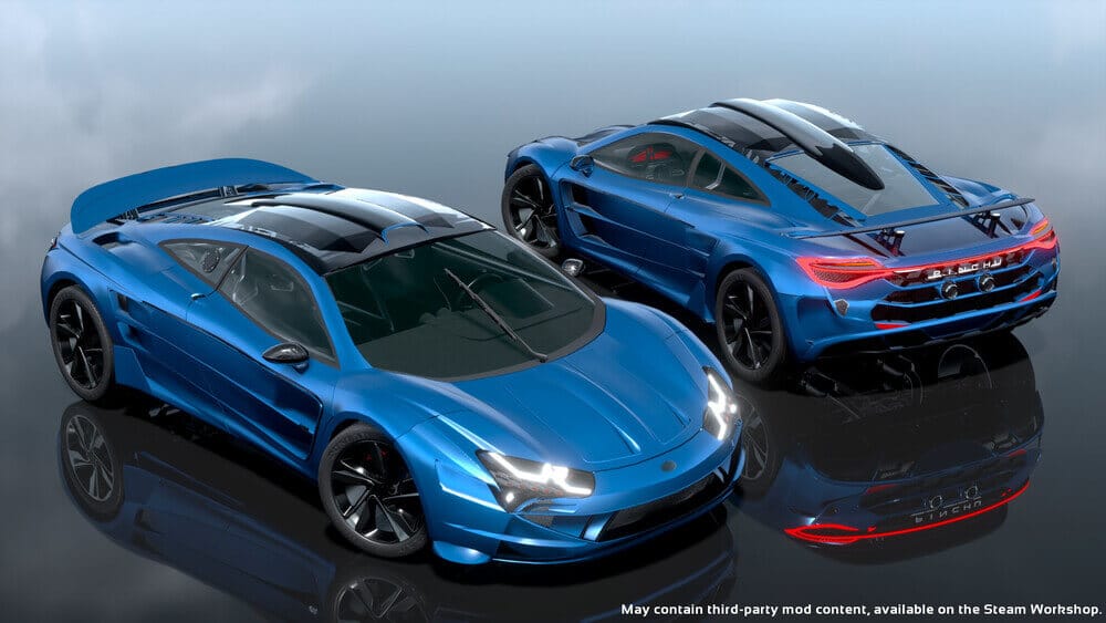 "Esta imagen muestra dos coches deportivos azules con diseños aerodinámicos y elegantes. Ambos coches tienen un acabado brillante y están posicionados sobre una superficie reflectante, lo que realza su atractivo visual. El coche de la izquierda se ve desde el frente y el lateral, mientras que el coche de la derecha se ve desde la parte trasera y el lateral. Los coches presentan elementos de diseño moderno como faros afilados, grandes tomas de aire y prominentes alerones traseros. El texto en la parte inferior de la imagen dice: 'Puede contener contenido de mod de terceros, disponible en el Steam Workshop.' Esta imagen es interesante y relevante ya que muestra modelos de coches de alta calidad, posiblemente personalizables, que se pueden usar en el juego 'Automation,' que permite a los jugadores diseñar y construir sus propios coches.