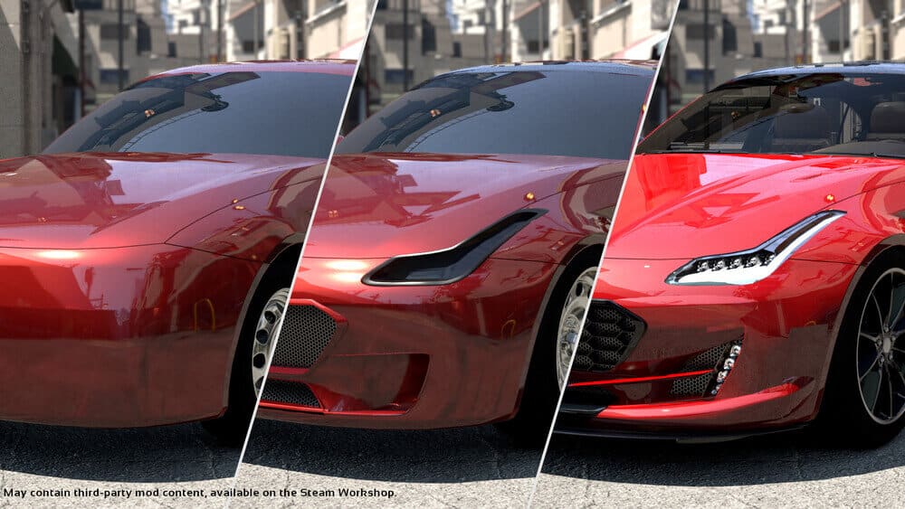 Esta imagen muestra una comparación de tres diseños diferentes de la parte frontal de un coche deportivo rojo. La sección más a la izquierda presenta un diseño básico y suave sin detalles visibles de faros o parrilla. La sección del medio muestra un diseño más detallado con faros elegantes y una pequeña parrilla. La sección más a la derecha presenta el diseño más detallado, con faros LED prominentes, una parrilla más grande y elementos aerodinámicos adicionales. La imagen es interesante y relevante ya que destaca la evolución o las opciones de personalización de los diseños de coches, posiblemente dentro de un software de simulación o diseño de coches, como se indica en el texto en la parte inferior que menciona contenido de mod de terceros disponible en el Steam Workshop.