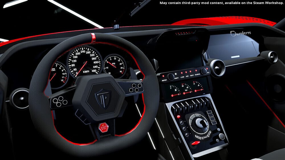 Esta imagen muestra el interior de un coche de alto rendimiento, enfocándose específicamente en el área del tablero y el volante. El tablero cuenta con múltiples indicadores, incluyendo un velocímetro marcado en kilómetros por hora (KM/H) con una lectura máxima de 480, un tacómetro marcado en RPM x 1000, y un indicador de PSI. El volante tiene una forma hexagonal única con un logotipo en el centro y acentos rojos. La consola central incluye varios controles y botones, una pantalla digital y un selector de marchas. La imagen probablemente es de un simulador de coches o software de diseño, como se indica en el texto 'Puede contener contenido de mod de terceros, disponible en el Steam Workshop' en la esquina superior derecha. Esta imagen es interesante porque muestra un diseño interior de coche detallado y realista, lo cual puede ser relevante para entusiastas automotrices, diseñadores o jugadores interesados en simulaciones de coches.