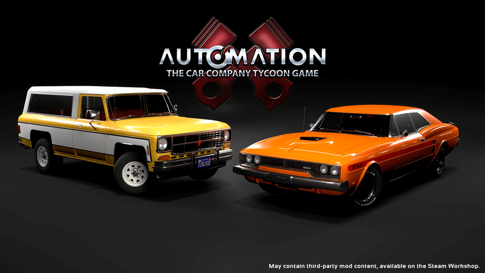 Imagen promocional del juego Automation, simulador de mecánica automotriz: The Car Company Tycoon Game. En la parte superior se muestra el logo del juego con dos pistones rojos cruzados sobre fondo negro. Debajo aparecen dos vehículos clásicos americanos: a la izquierda, una Chevrolet Blazer K5 de los años 70 en color amarillo con franjas laterales blancas; a la derecha, un Plymouth GTX de principios de los 70 en color naranja brillante con detalles en negro. Ambos vehículos están renderizados con gran detalle sobre un fondo negro. En la parte inferior aparece un texto que indica que puede contener contenido mod de terceros, disponible en Steam Workshop.