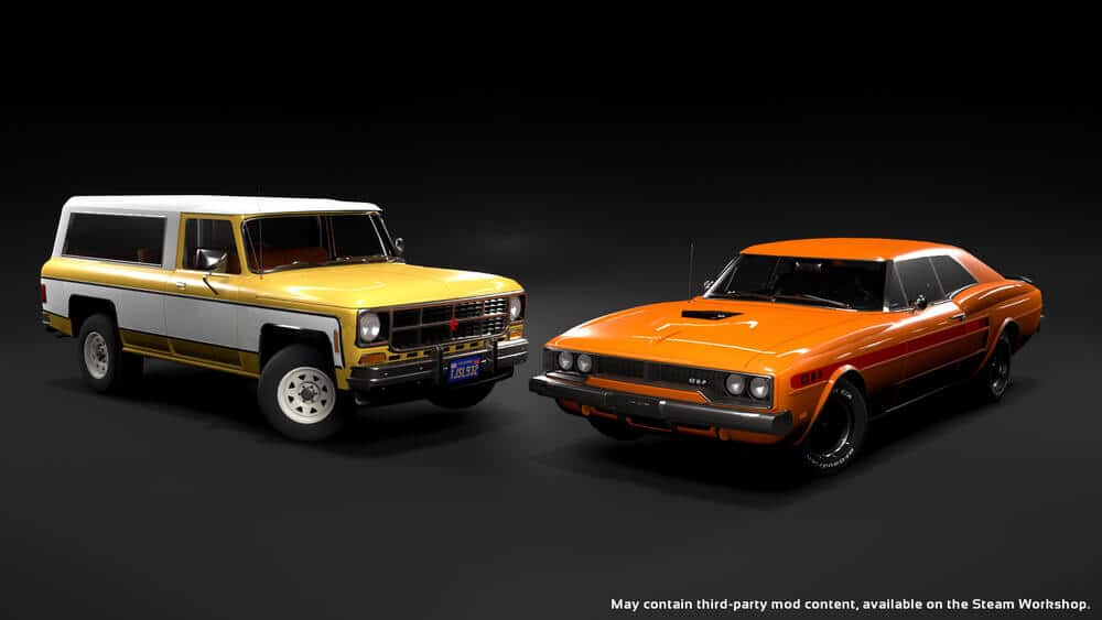 Esta imagen muestra dos coches clásicos exhibidos contra un fondo oscuro. El coche de la izquierda es un SUV amarillo y blanco con un diseño cuadrado, que tiene una matrícula azul que dice 'TJSL932'. El coche de la derecha es un muscle car naranja con un diseño elegante, etiquetado como 'GT H-P' en la parte delantera. El muscle car tiene una toma de aire en el capó negro y neumáticos negros con letras blancas. La imagen probablemente es del juego 'Automation', como se indica en el texto en la parte inferior que dice: 'Puede contener contenido de mod de terceros, disponible en el Steam Workshop.' Esta imagen es interesante porque muestra los modelos de coches detallados y realistas que se pueden crear dentro del juego, destacando las capacidades de personalización y diseño disponibles para los jugadores.