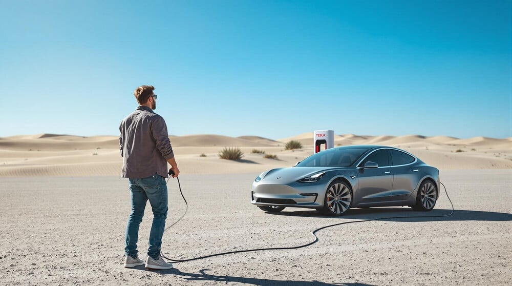 Una persona está de pie en un paisaje desértico junto a un coche eléctrico Tesla que está conectado a una estación de carga Tesla. La persona sostiene el cable de carga, que está enchufado en el coche. La escena destaca el uso de vehículos eléctricos y la infraestructura de carga en un lugar remoto y poco convencional, subrayando el potencial de uso de vehículos eléctricos en diversos entornos.