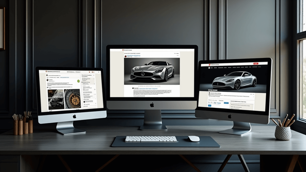 Composición apaisada que muestra tres pantallas de ordenador en un escritorio elegante. En ellas se ven diferentes redes sociales mostrando contenido de coches de lujo: Instagram con fotos de detalles de un Mercedes-AMG, LinkedIn con un artículo técnico sobre un Aston Martin, y un vídeo de YouTube sobre un Maserati. El ambiente es moderno y minimalista.
