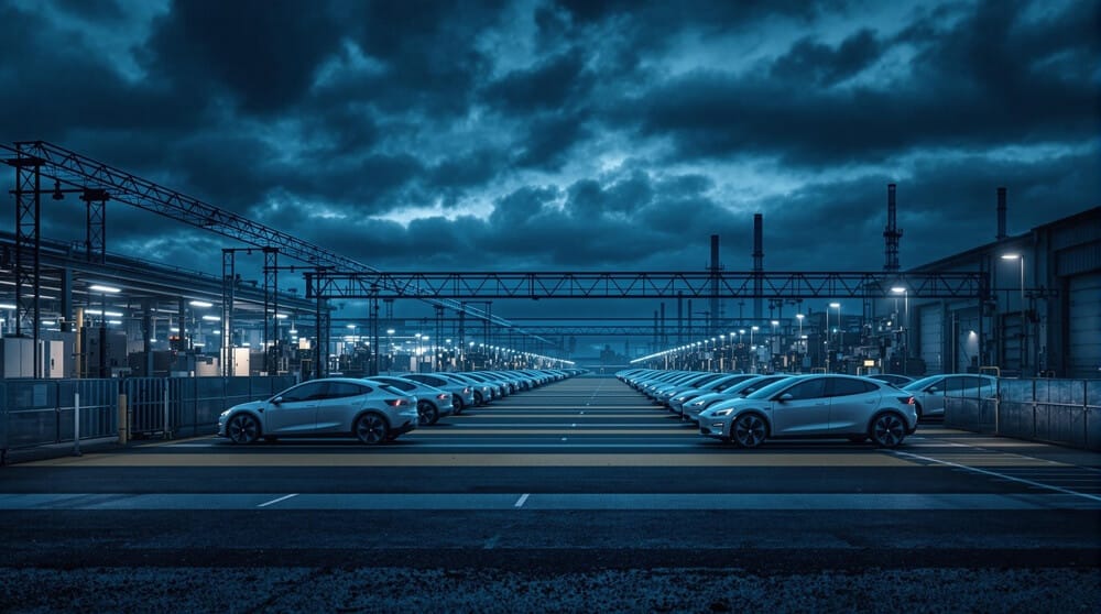 Un gran estacionamiento lleno de filas de coches plateados idénticos, probablemente vehículos eléctricos, estacionados de manera ordenada. La escena está ambientada de noche o al atardecer, con un cielo dramático y nublado. El estacionamiento está flanqueado por edificios y estructuras industriales, incluyendo grúas y luces, lo que sugiere que es una instalación de fabricación de automóviles o un centro de distribución. La imagen es interesante y relevante porque destaca la escala de producción y el entorno industrial moderno asociado con la fabricación automotriz.