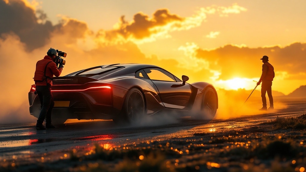 Rodaje cinematográfico de automóvil premium al amanecer con equipo profesional de producción de vídeo
