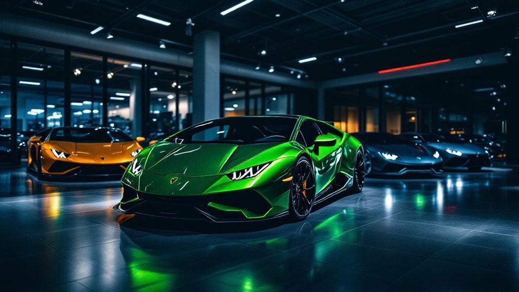 Vista apaisada del showroom de un concesionario premium al anochecer. En primer plano, un Lamborghini Huracán verde metalizado bajo iluminación perfectamente estudiada. Al fondo, se ven otros vehículos de lujo dispuestos estratégicamente. La iluminación crea dramáticos contrastes y reflejos en las carrocerías. El ambiente es sofisticado y exclusivo.