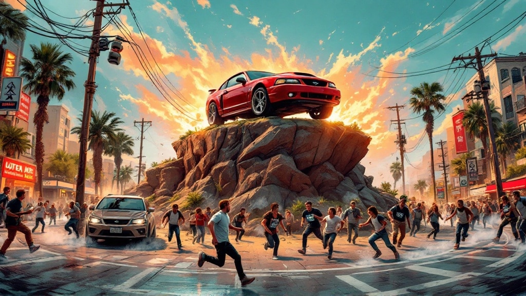 Imagen de un Ford Mustang SVT de color rojo encaramado en lo alto de una gran formación rocosa en medio de una calle de la ciudad. El cielo está lleno de nubes vibrantes y ardientes, sugiriendo una explosión o algún otro evento intenso. Debajo de la roca, numerosas personas corren en varias direcciones, creando una sensación de caos y urgencia. Palmeras y edificios urbanos bordean la calle, y hay otro coche en el suelo con personas corriendo alrededor. La escena es dinámica y visualmente impactante, capturando un momento de alta tensión y acción.